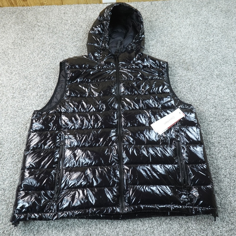 NEW Calvin Klein Vest Mens 2XL Black Hooded Puffer Quilted Full Zip Coat Sorona
